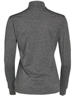 A dark grey half zip long sleeve sweat top for ladies, featuring a fitted design and a standing collar.