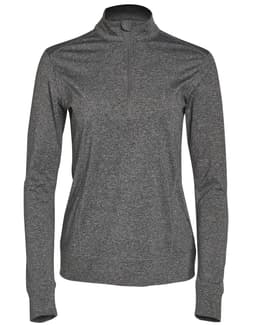 A ladies' half zip long sleeve sweat top in a dark grey colour with a logo. Suitable for casual wear or layering.