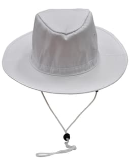 A white bucket hat with a wide brim and a break-away clip attachment on the chin strap. It features a logo.