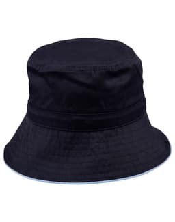 A black bucket hat with a wide brim, featuring a toggle adjustment and a decorative trim along the edge.