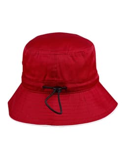 A red bucket hat with a toggle adjustment and a wide brim. The hat features a simple design and has a logo.