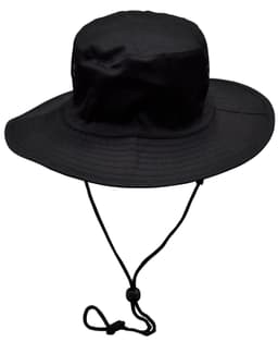 A black surf hat with a wide brim and a clip-on chin strap, featuring ventilation eyelets.