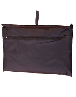 A black spray jacket for kids, featuring a zippered pocket and a hanging loop for storage.