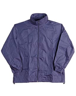 A lightweight navy blue rain jacket with a high collar and zip fastening, featuring elasticated cuffs.