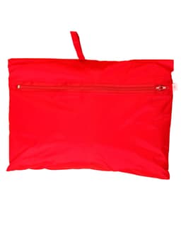 A red kids' outdoor activity spray jacket, packed into a compact pouch with a zippered closure and a hanging loop.