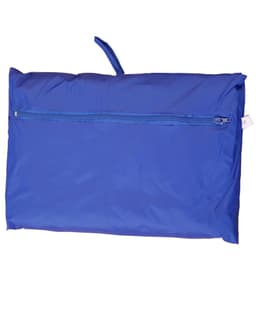 A blue Kids' Outdoor Activity Spray Jacket, folded and zipped with a hanging loop, featuring a logo.