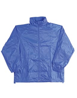 A blue kids' outdoor activity spray jacket with a zip front and elastic cuffs, featuring a logo on the chest.