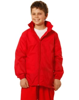 A bright red kids' outdoor activity spray jacket with a zip front and adjustable cuffs, featuring a logo.
