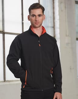 A men's softshell jacket in black with orange accents, featuring a zippered front and pockets. It has a logo.