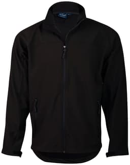 A black softshell jacket with a zip front, two side pockets, and a collar. It features a logo on the chest.