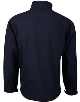 A navy men's softshell jacket featuring a high collar and a smooth back design. Includes a logo.