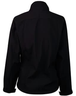 A black softshell jacket featuring a collar and a simple back design. It has a logo on the fabric.