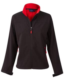 A ladies' softshell jacket in black with red contrast detailing and a zip front. It features side pockets and a collar.