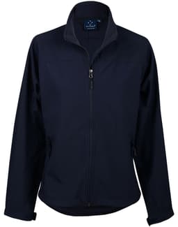 A softshell jacket in navy blue with a zip front, featuring side pockets and a collar. It has a logo on the interior tag.