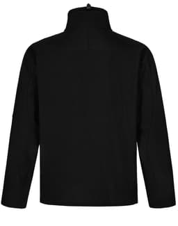 A black men's softshell high-tech jacket featuring a stand-up collar and a logo. The back is smooth with no visible pockets.