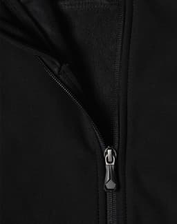 A black softshell high-tech jacket featuring a zippered front and a textured interior lining.