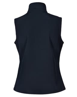 A black women's softshell vest with a high collar and no sleeves at the back. It features a logo.