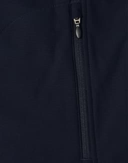 A dark navy softshell vest featuring a zippered closure and a logo on the fabric.