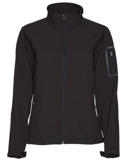 A black ladies' softshell jacket with a high collar and zippered pockets. It features a logo on the sleeve.