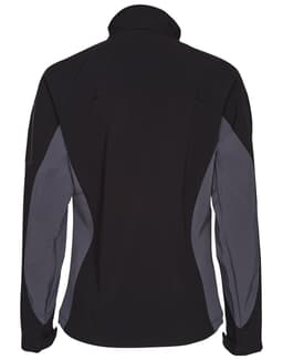 A softshell jacket in black with grey contrast panels, featuring a high collar and a logo on the sleeve.