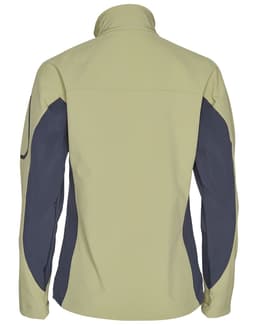 A softshell jacket in light green with navy contrasting panels, featuring a collar and long sleeves. It has a logo.