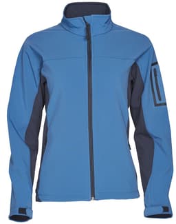 A blue ladies' softshell jacket with contrasting dark grey details and a zippered front. Features a logo on the sleeve.