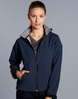 A navy ladies' softshell full zip hoodie featuring a grey inner lining and a zippered front. It has a logo on it.