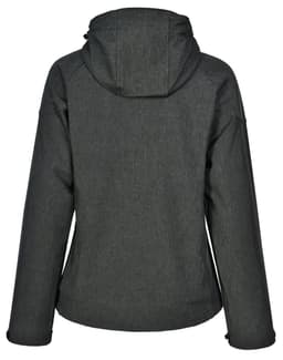 A dark grey ladies' softshell full zip hoodie with a hood and a subtle texture. Features a logo on the back.