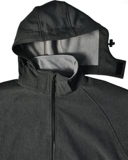 A dark grey ladies' softshell full zip hoodie with a removable hood and an inner lining. Features a logo.
