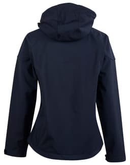 A navy ladies' softshell full zip hoodie with a hood and a logo on the back.