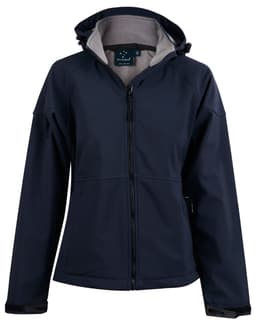 A navy women's softshell full zip hoodie with a hood and a fleece lining, featuring a logo on the chest.