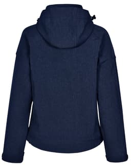 A navy blue ladies' softshell full zip hoodie with a hood and a branded logo on the back.