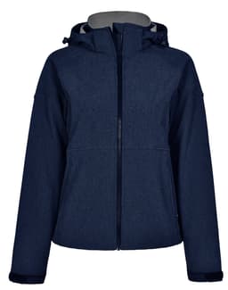 A navy blue ladies' softshell full zip hoodie with a hood and a subtle texture. It features a logo on the front.