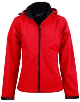 A red ladies' softshell full zip hoodie with a black interior and a hood, featuring a logo on the front.