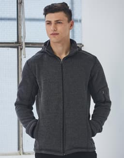 Men's heather bonded fleece jacket in dark grey, featuring a zip front and hood, with a logo on the sleeve.