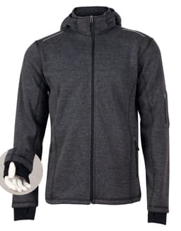 Men's heather bonded fleece jacket in dark grey with a hood, featuring zip pockets and a logo.