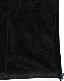 A textured black fleece jacket featuring a zip closure and front pockets. It has a logo on the fabric.