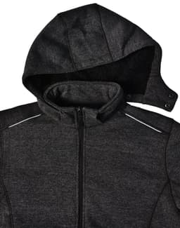 A men's heather bonded fleece jacket in dark grey with a hood and zippered front. Features a logo and reflective details.