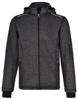 A men's heather bonded fleece jacket in dark grey, featuring a zipped front and a hood, with a logo on the side.