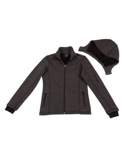 A Men's Heather Bonded Fleece Jacket in dark grey, featuring zippered pockets and a removable hood.