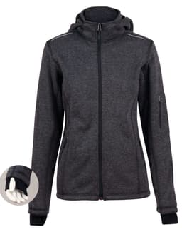 A ladies' polar fleece jacket in dark grey with a hood, featuring a zip closure and pockets. It has a logo on the sleeve.