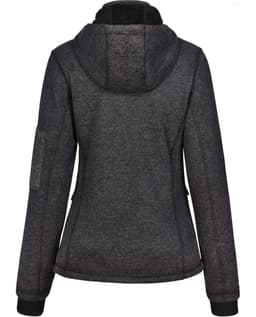 A ladies' grey bonded fleece jacket with a hood, featuring a fitted design and an included logo.
