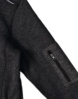 A dark grey fleece jacket featuring a zipped pocket on the sleeve and a logo on the front.