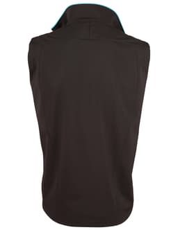 A black men's softshell contrast vest featuring a high collar and a logo on the back.