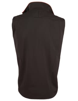A black men's softshell contrast vest featuring a collar and a sleek design with no sleeves.
