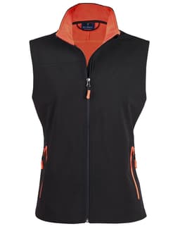 A black softshell contrast vest featuring an orange interior and zippered pockets, with a collar and no sleeves.