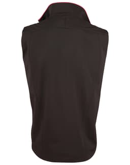 A black men's softshell contrast vest featuring a red trim and a logo on the back.