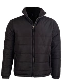 A black heavy quilted jacket with a zip front and high collar, featuring a logo on the chest area.