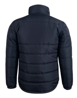 A heavy quilted puffer jacket in navy blue, featuring a high collar and a smooth finish. It has a logo on the back.