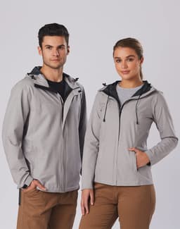 A lightweight grey waterproof performance jacket featuring a hood, worn by two models. The jacket has a logo on it.